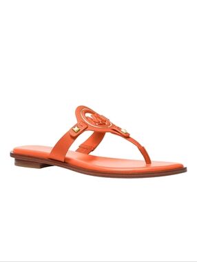 Michael Kors Women's Aubrey MK Logo Orange Leather T-Strap Sandals 8.5M